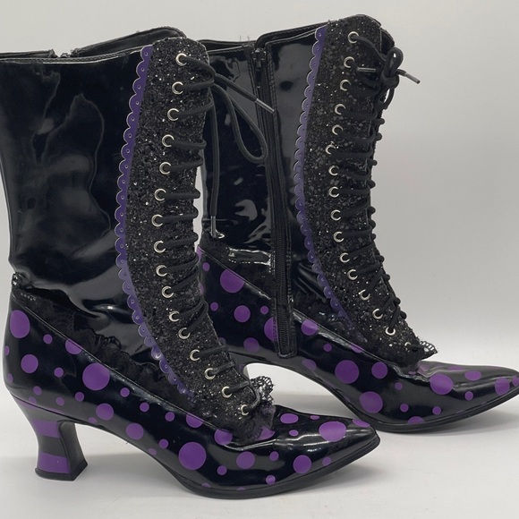 Funtasma Shoes - Funtasma Black Patent Purple Polka Dot Lace Up Boots Goth Cosplay Witch Sz 11.5
